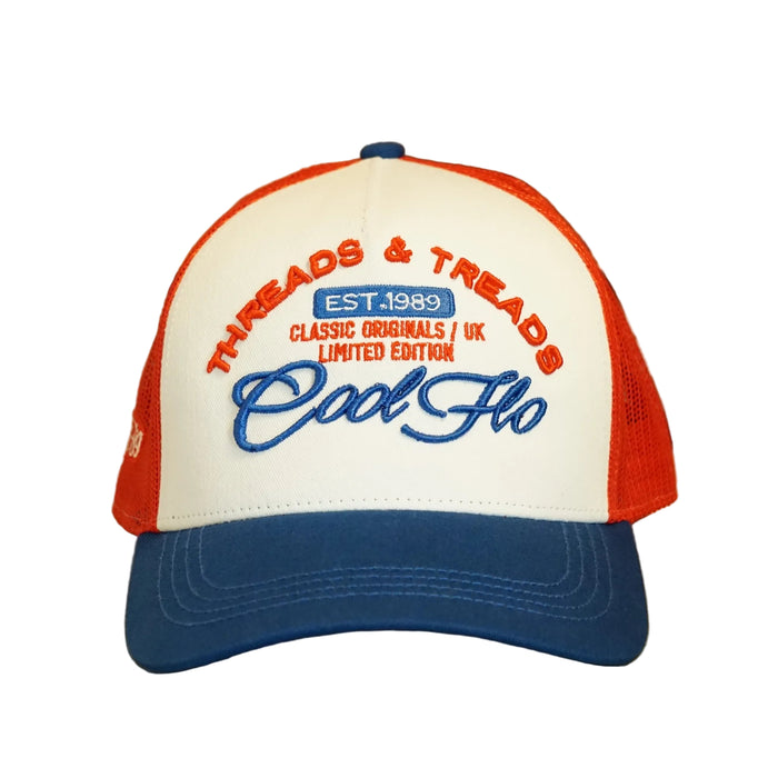Front view of a Cool Flo Threads & Treads trucker cap in Red/White/Navy featuring embroidered Threads & Treads artwork with a structured front panel and curved visor