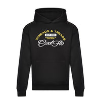 A black hoody with a Cool Flo Threads & Treads print in white and yellow.