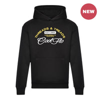 A black hoody with a Cool Flo Threads & Treads print in white and yellow.