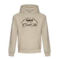 A stone-coloured hoody with a Cool Flo Threads and Treads print in light and brown print.