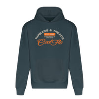 A teal hoody with a Cool Flo Threads and Treads print in cream and orange.