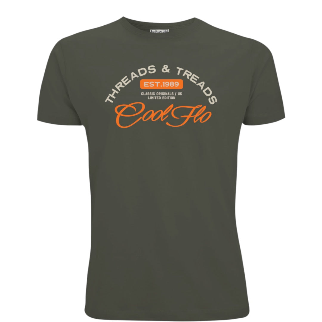 A khaki short-sleeve t-shirt with a Cool Flo Threads & Treads print in cream and orange.
