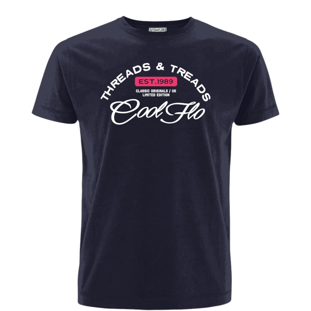 A navy blue short-sleeve t-shirt with a Cool Flo Threads & Treads print in white and red.