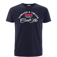 A navy blue short-sleeve t-shirt with a Cool Flo Threads & Treads print in white and red.