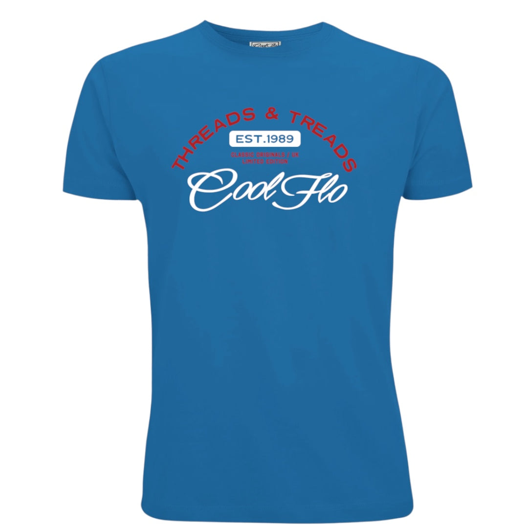 A blue short-sleeve t-shirt with a Cool Flo Threads & Treads print in red and white.