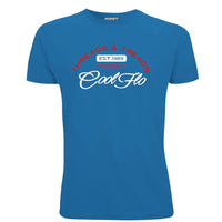 A blue short-sleeve t-shirt with a Cool Flo Threads & Treads print in red and white.