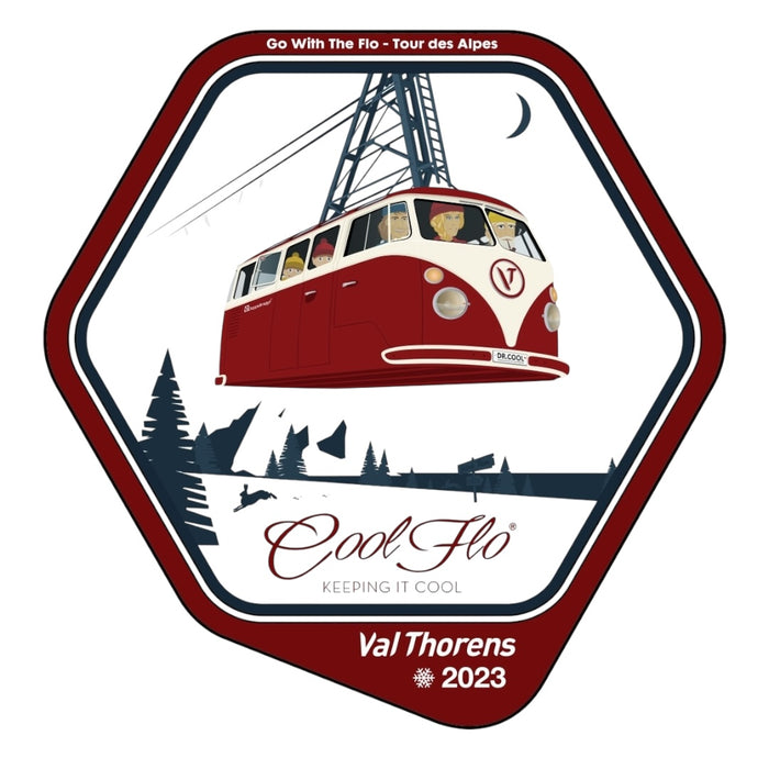 Cool Flo Winter Tour '23 - small sticker. Hexagonal design with a red and white VW cable car, trees, and mountains on a white background.
