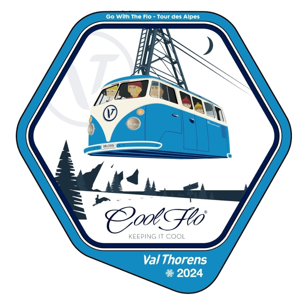 Cool Flo Winter Tour '24 - small sticker. Hexagonal design with a blue and white VW cable car, trees, and mountains on a white background.