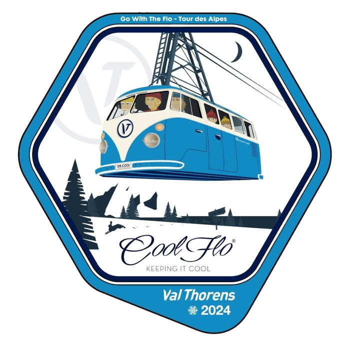 Cool Flo Winter Tour '24 - small sticker. Hexagonal design with a blue and white VW cable car, trees, and mountains on a white background.