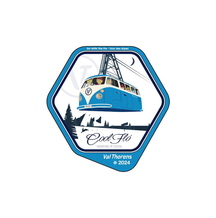Cool Flo Winter Tour '24 - small sticker. Hexagonal design with a blue and white VW cable car, trees, and mountains on a white background.
