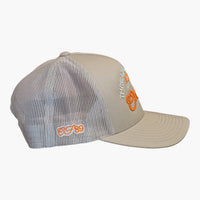 Right side view of a Cool Flo Khaki Threads & Treads trucker cap featuring breathable mesh back panels, CF89 embroidered side detail and adjustable snapback fastening