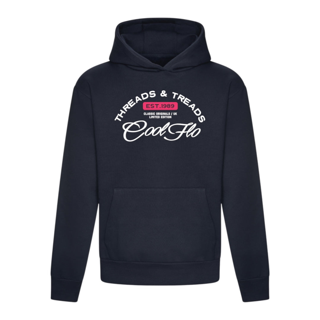 Treads and Treads hoody in navy blue with navy white and pink print.
