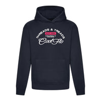 Treads and Treads hoody in navy blue with navy white and pink print.