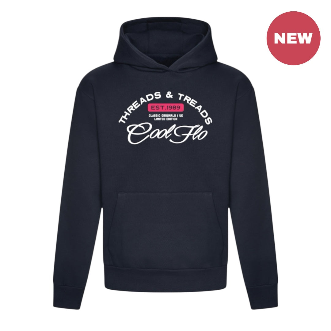 Treads and Treads hoody in navy blue with navy white and pink print.