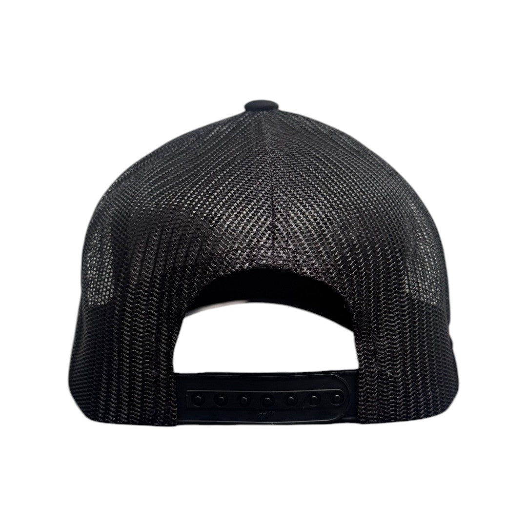 Black trucker cap with embroidered white 'Love Dove Generation' on the front_close up of embroidered logo - rear view.