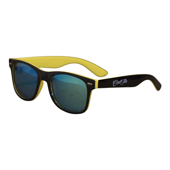Mirrored wayfarer sunglasses with lightweight black and yellow frame, designed for everyday outdoor wear.