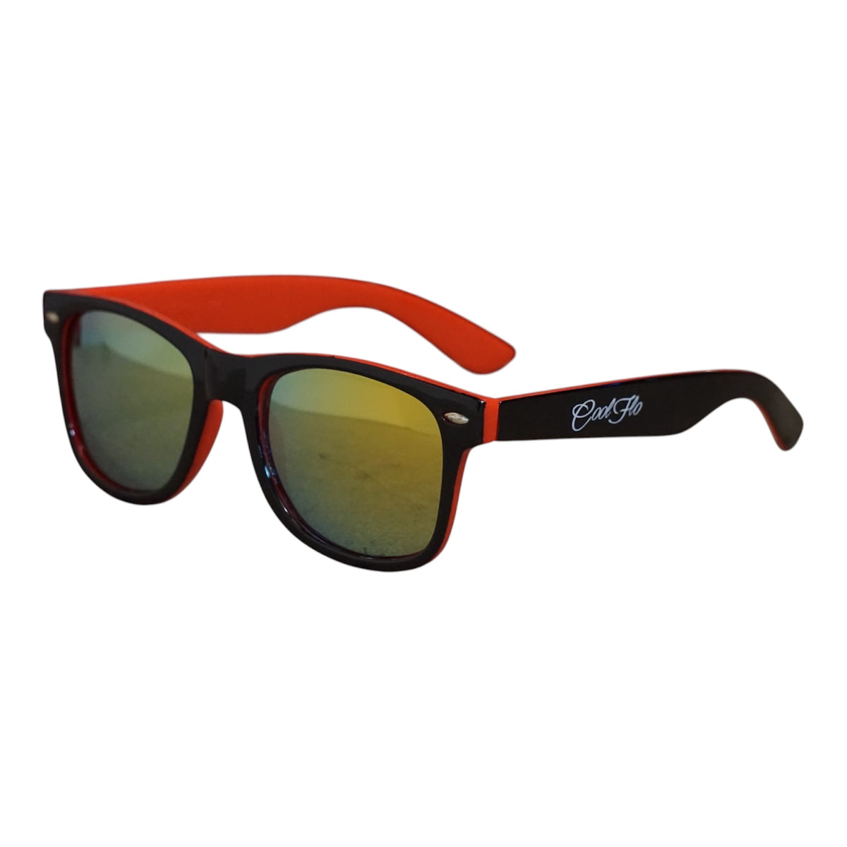 Mirrored wayfarer sunglasses with lightweight black and red frame, designed for everyday outdoor wear.