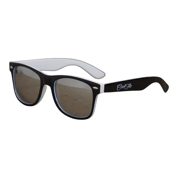Mirrored wayfarer sunglasses with lightweight black and white frame, designed for everyday outdoor wear.