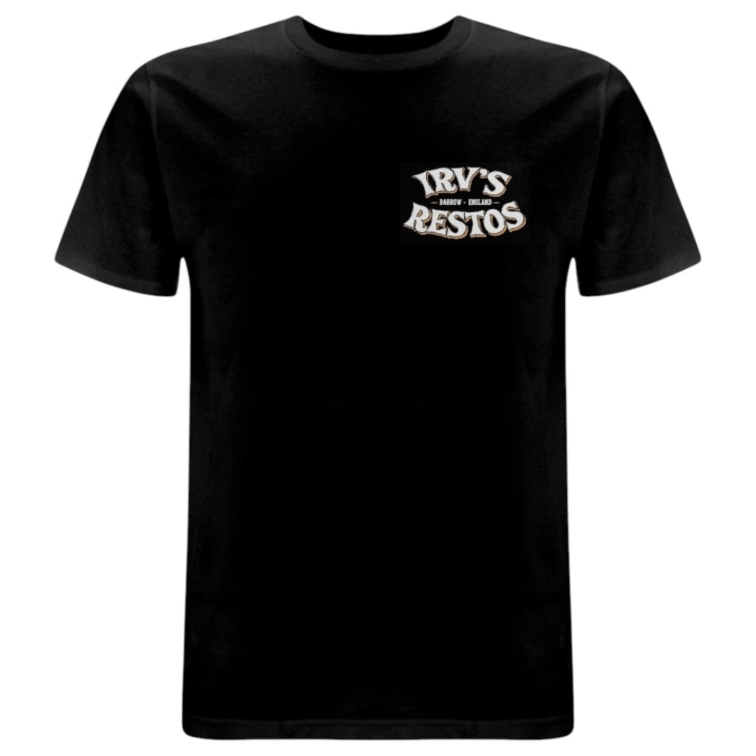 Black t-shirt with IRV’s Restos Shop logo on the left chest - front view