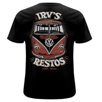 Black t-shirt with VW Barndoor and ‘Quality Sound’ IRV’s Restos branding on the back - back view