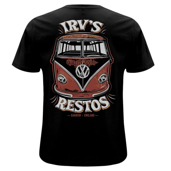 Black t-shirt with VW Barndoor and ‘Quality Sound’ IRV’s Restos branding on the back - back view