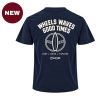 'NEW' Back view of Cool Flo navy t-shirt with white print with the words 'WHEELS WAVES GOOD TIMES' a steering wheel/surfboard graphic and the text 'SURF/DRIVE/EXPLORE' and a Cool Flo logo below.