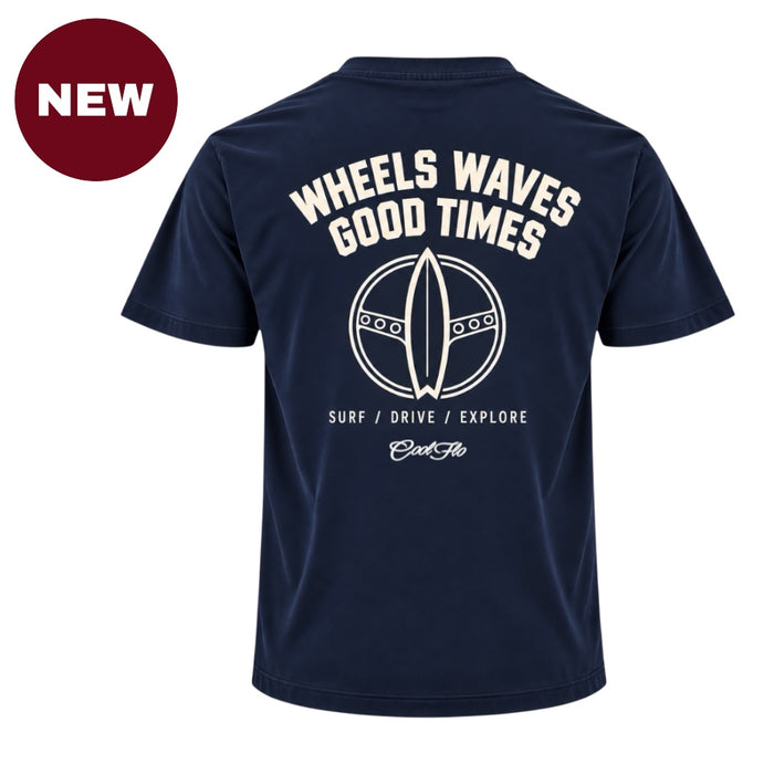 'NEW' Back view of Cool Flo navy t-shirt with white print with the words 'WHEELS WAVES GOOD TIMES' a steering wheel/surfboard graphic and the text 'SURF/DRIVE/EXPLORE' and a Cool Flo logo below.