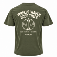 Back view of Cool Flo khaki t-shirt with cream print with the words 'WHEELS WAVES GOOD TIMES' a steering wheel/surfboard graphic and the text 'SURF/DRIVE/EXPLORE' and a Cool Flo logo below.