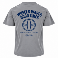 Back view of Cool Flo grey t-shirt with navy print with the words 'WHEELS WAVES GOOD TIMES' a steering wheel/surfboard graphic and the text 'SURF/DRIVE/EXPLORE' and a Cool Flo logo below.