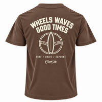 Back view of Cool Flo mocha t-shirt with cream print with the words 'WHEELS WAVES GOOD TIMES' a steering wheel/surfboard graphic and the text 'SURF/DRIVE/EXPLORE' and a Cool Flo logo below.
