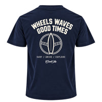 Back view of Cool Flo navy t-shirt with white print with the words 'WHEELS WAVES GOOD TIMES' a steering wheel/surfboard graphic and the text 'SURF/DRIVE/EXPLORE' and a Cool Flo logo below.