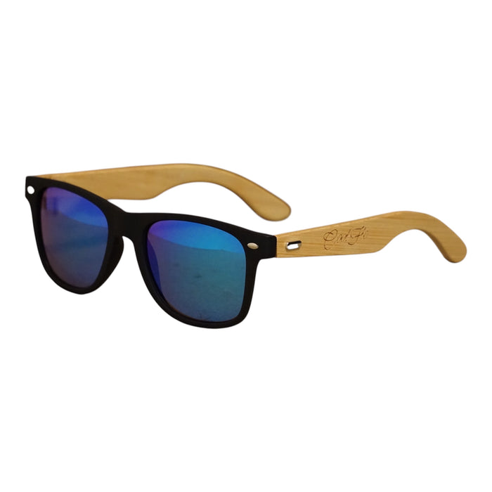 Black wayfarer sunglasses with blue mirrored lenses and natural bamboo arms engraved with the Cool Flo logo.
