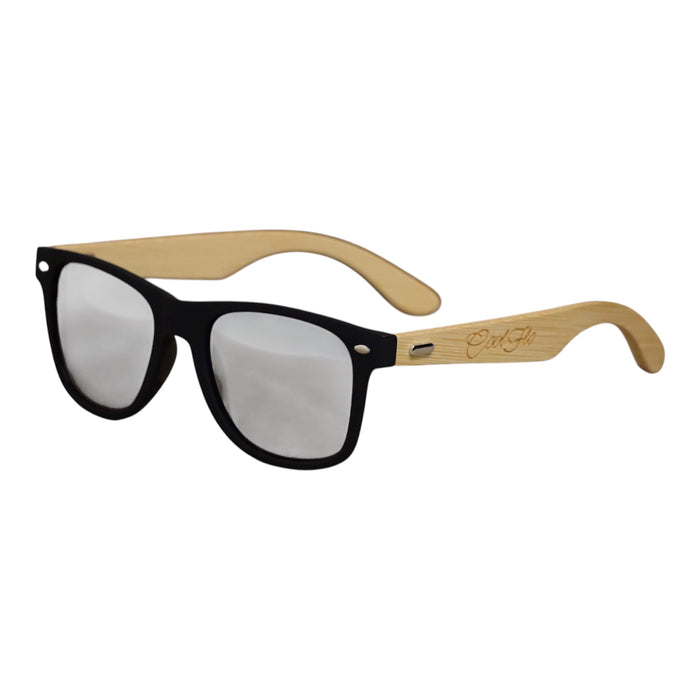 Black wayfarer sunglasses with silver mirrored lenses and natural bamboo arms engraved with the Cool Flo logo.