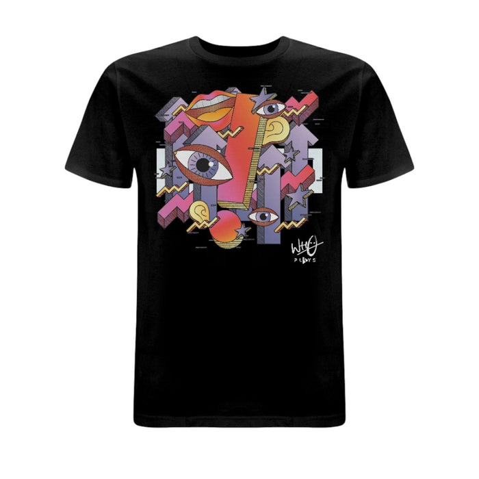 Wh0 Plays Official black T-shirt with full-colour geometric 'Caramba' design and signature Wh0 Plays logo