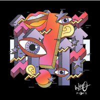 Wh0 Plays Caramba black T-shirt with full-colour geometric design and signature Wh0 Plays logo - close up of printed design