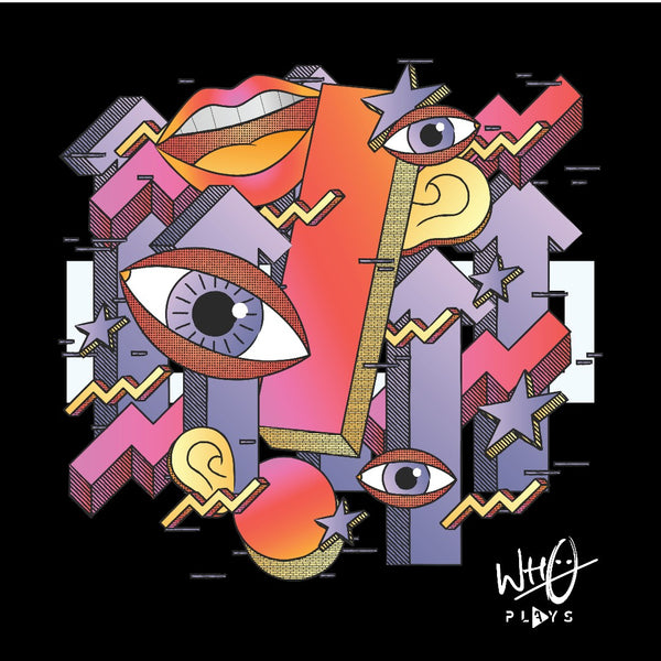 Wh0 Plays Caramba black T-shirt with full-colour geometric design and signature Wh0 Plays logo - close up of printed design