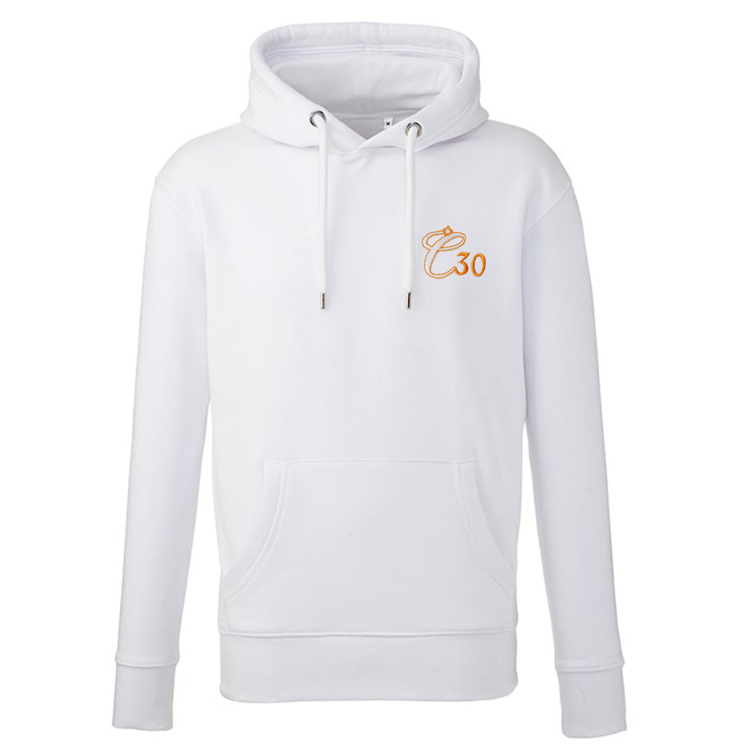 White hoody with Clockwork Orange C30 logo embroidered left-chest