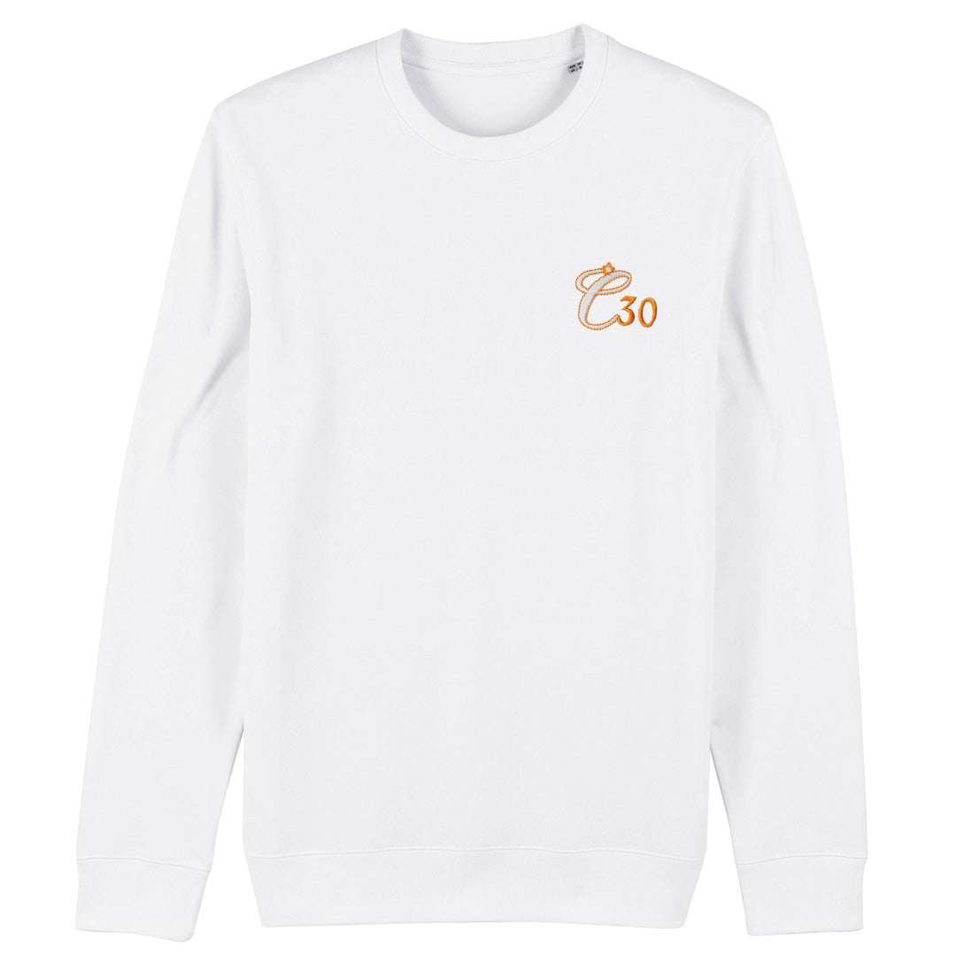 White sweatshirt with Clockwork Orange C30 logo embroidered left-chest