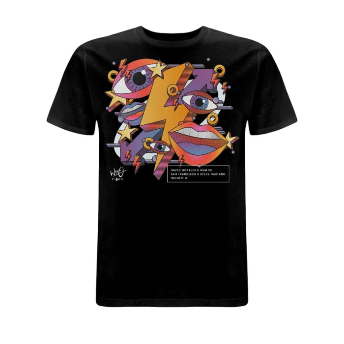 Black Who Plays ‘Needin’ U’ T-shirt featuring colourful abstract artwork with illustrated eyes, lips, stars and lightning bolt graphics in purple, orange and yellow tones across the front chest.