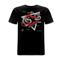 Black Wh0 Plays ‘Feels EP’ T-shirt featuring layered geometric heart artwork in red, white and grey tones with abstract graphic elements across the front chest.