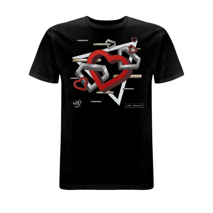 Black Wh0 Plays ‘Feels EP’ T-shirt featuring layered geometric heart artwork in red, white and grey tones with abstract graphic elements across the front chest.