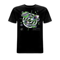 Black Wh0 Plays ‘In My Soul’ T-shirt featuring abstract eye and lip artwork in green, purple and white tones with geometric graphic elements on the front chest.