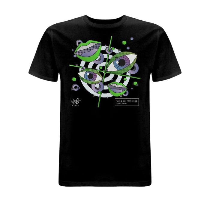 Black Wh0 Plays ‘In My Soul’ T-shirt featuring abstract eye and lip artwork in green, purple and white tones with geometric graphic elements on the front chest.