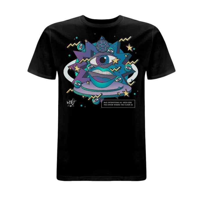 Black Who Plays ‘You Know Where The Floor Is’ T-shirt featuring colourful abstract artwork with illustrated eyes, lips, stars and geometric shapes in blue, purple and yellow tones across the front chest.