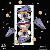 Black Wh0 Plays ‘And Jack Put Em Up’ T-shirt featuring abstract geometric artwork with illustrated eyes and lips in purple and gold tones on the front chest - rollover image.