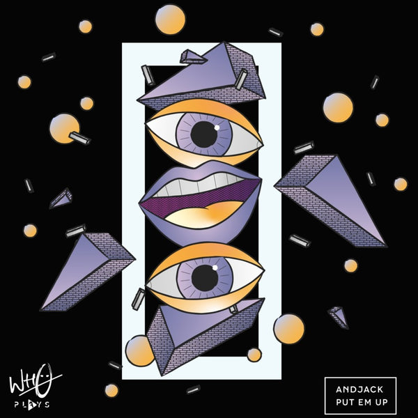 Black Wh0 Plays ‘And Jack Put Em Up’ T-shirt featuring abstract geometric artwork with illustrated eyes and lips in purple and gold tones on the front chest - rollover image.