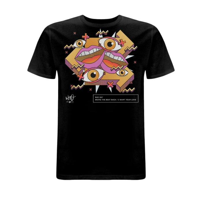 Black Wh0 Plays ‘Bring The Beat Back / I Want Your Love’ T-shirt featuring colourful abstract artwork with illustrated eyes, lips and geometric shapes in pink, orange and gold tones on the front chest.