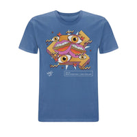 Blue Wh0 Plays ‘Bring The Beat Back / I Want Your Love’ T-shirt featuring colourful abstract artwork with illustrated eyes, lips and geometric shapes in pink, orange and gold tones on the front chest.