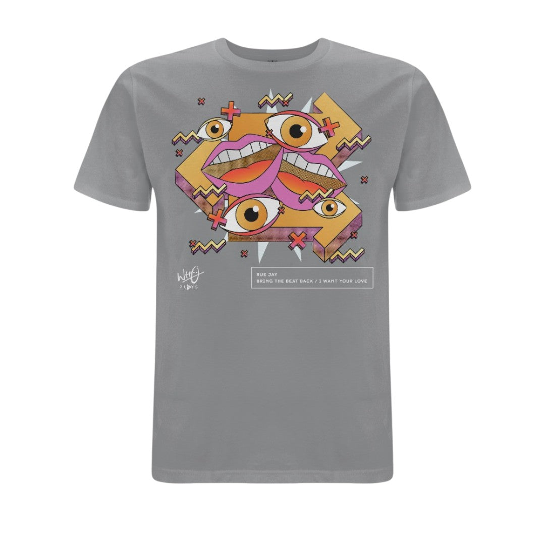Grey Wh0 Plays ‘Bring The Beat Back / I Want Your Love’ T-shirt featuring colourful abstract artwork with illustrated eyes, lips and geometric shapes in pink, orange and gold tones on the front chest.
