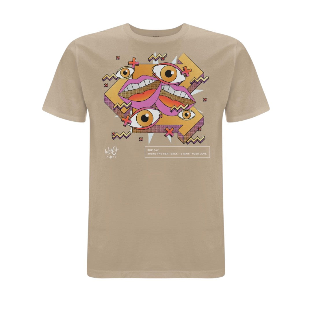 Stone-coloured Wh0 Plays ‘Bring The Beat Back / I Want Your Love’ T-shirt featuring colourful abstract artwork with illustrated eyes, lips and geometric shapes in pink, orange and gold tones on the front chest.